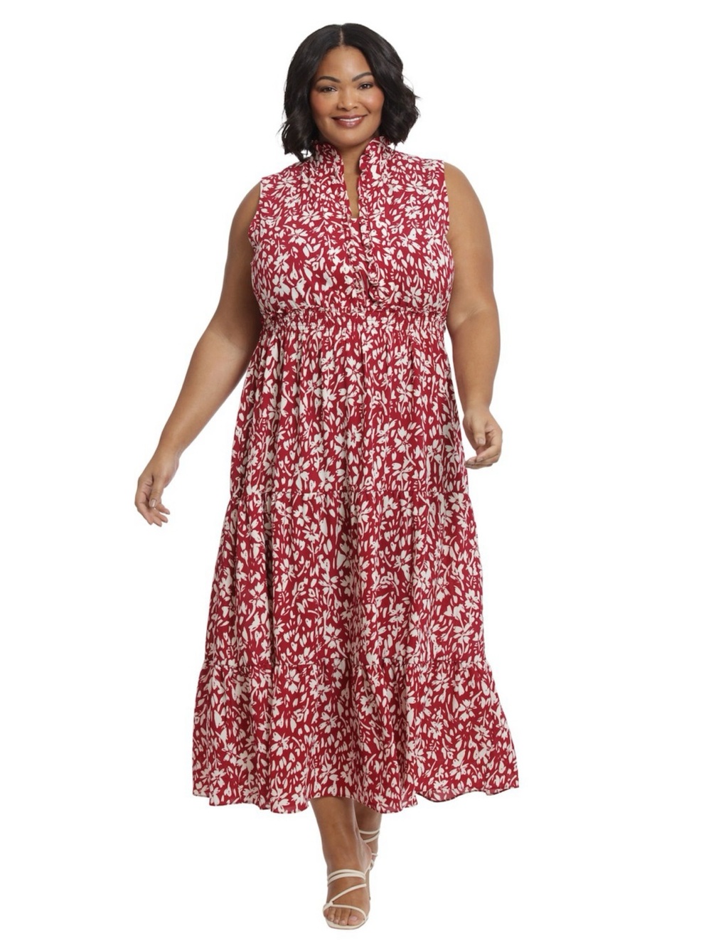 London Times Woman Floral Ruffled Sleeveless Maxi Dress